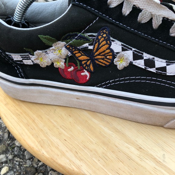 Vans Shoes - Vans Old Skool Shoes Womens 8.5 Black Checkered Butterfly Cherry Floral-Mens 7